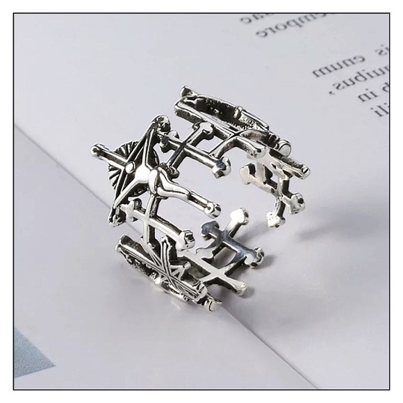 SILVER Adjustable Crucifixion Jesus Brutalist Style Ring - Picture 3 of 5